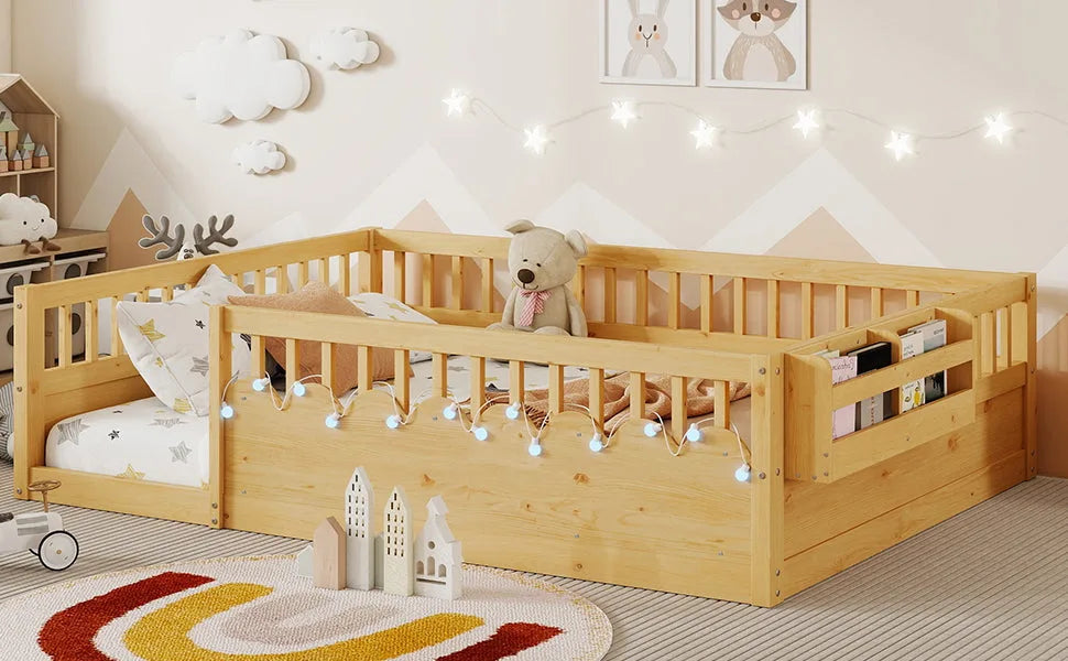 Full Montessori Floor Bed Frame with High Rails, Wood Kids Floor Beds with Light and Storage Shelf, Gray detail view 30