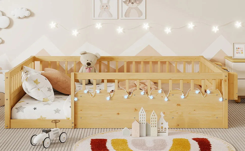 Full Montessori Floor Bed Frame with High Rails, Wood Kids Floor Beds with Light and Storage Shelf, Gray detail view 31