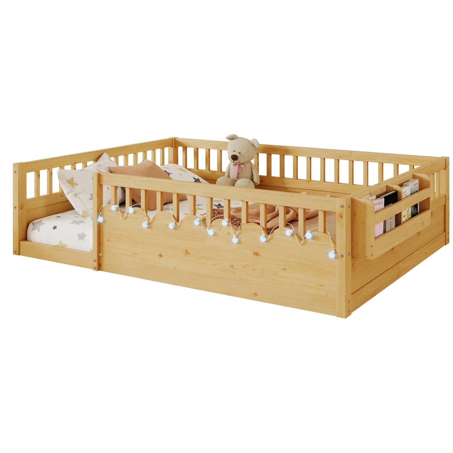 Full Montessori Floor Bed Frame with High Rails, Wood Kids Floor Beds with Light and Storage Shelf, Gray detail view 32