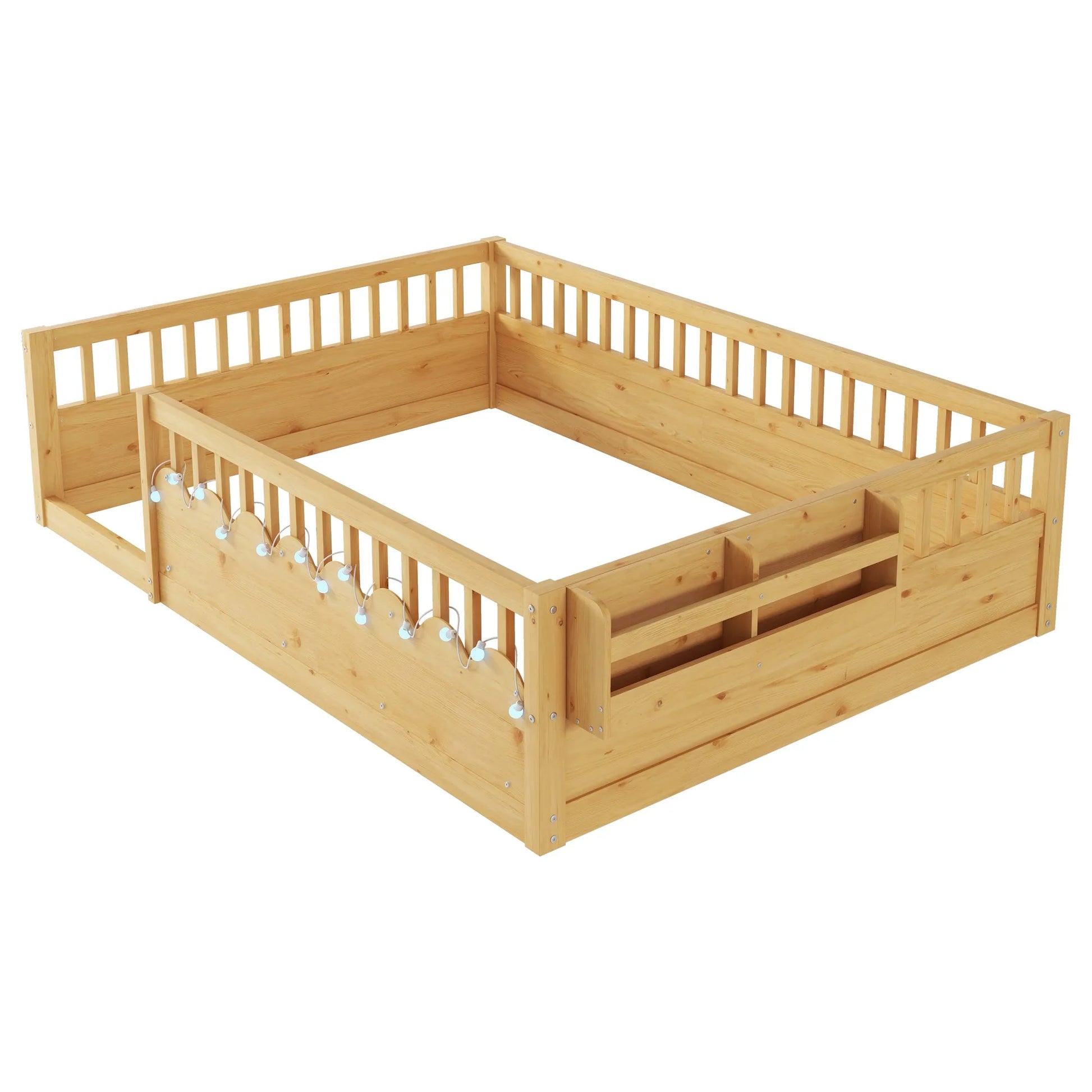 Full Montessori Floor Bed Frame with High Rails, Wood Kids Floor Beds with Light and Storage Shelf, Gray detail view 33