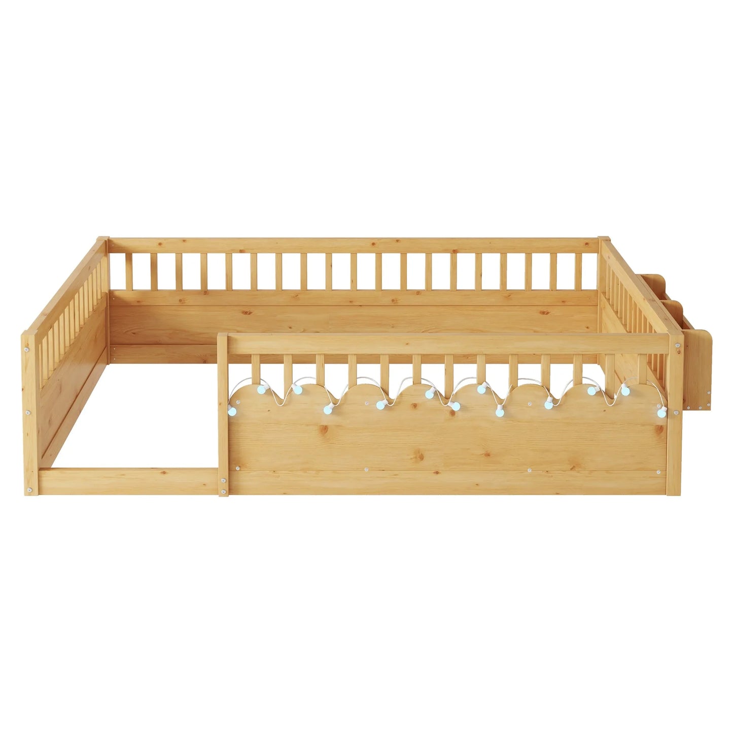 Full Montessori Floor Bed Frame with High Rails, Wood Kids Floor Beds with Light and Storage Shelf, Gray detail view 34