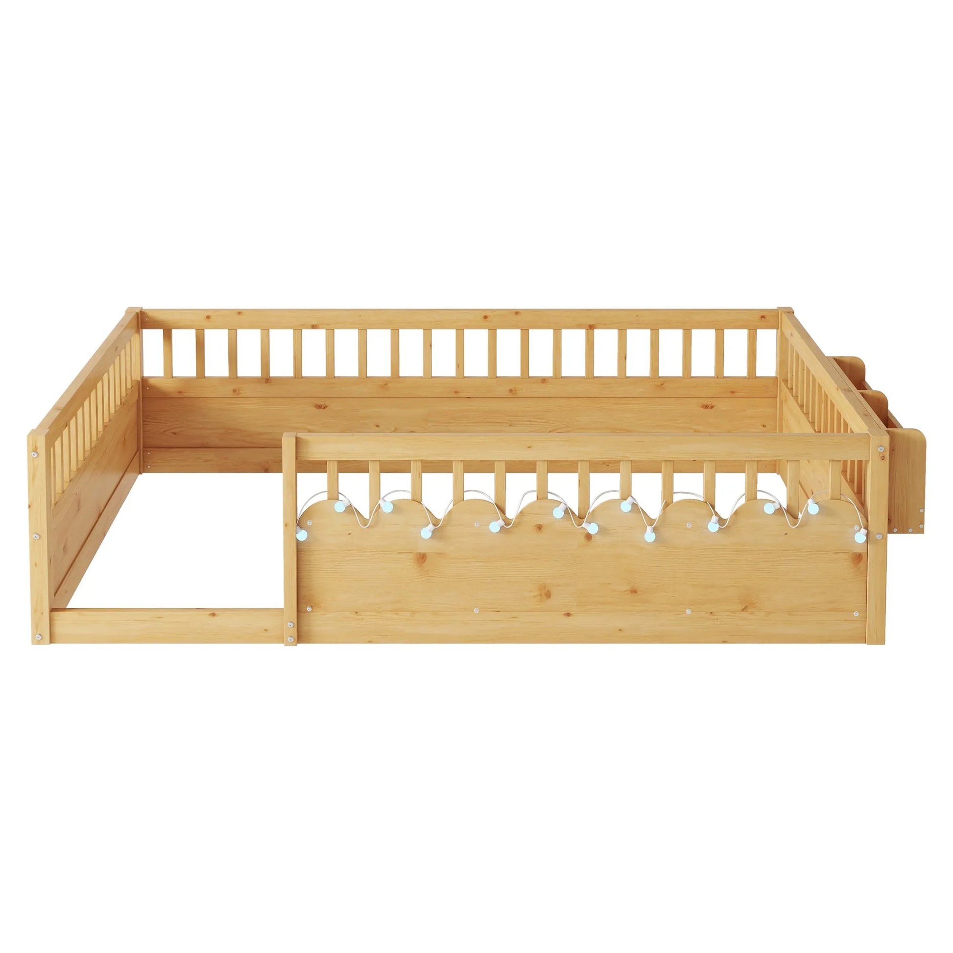 Full Montessori Floor Bed Frame with High Rails, Wood Kids Floor Beds with Light and Storage Shelf, Gray detail view 34