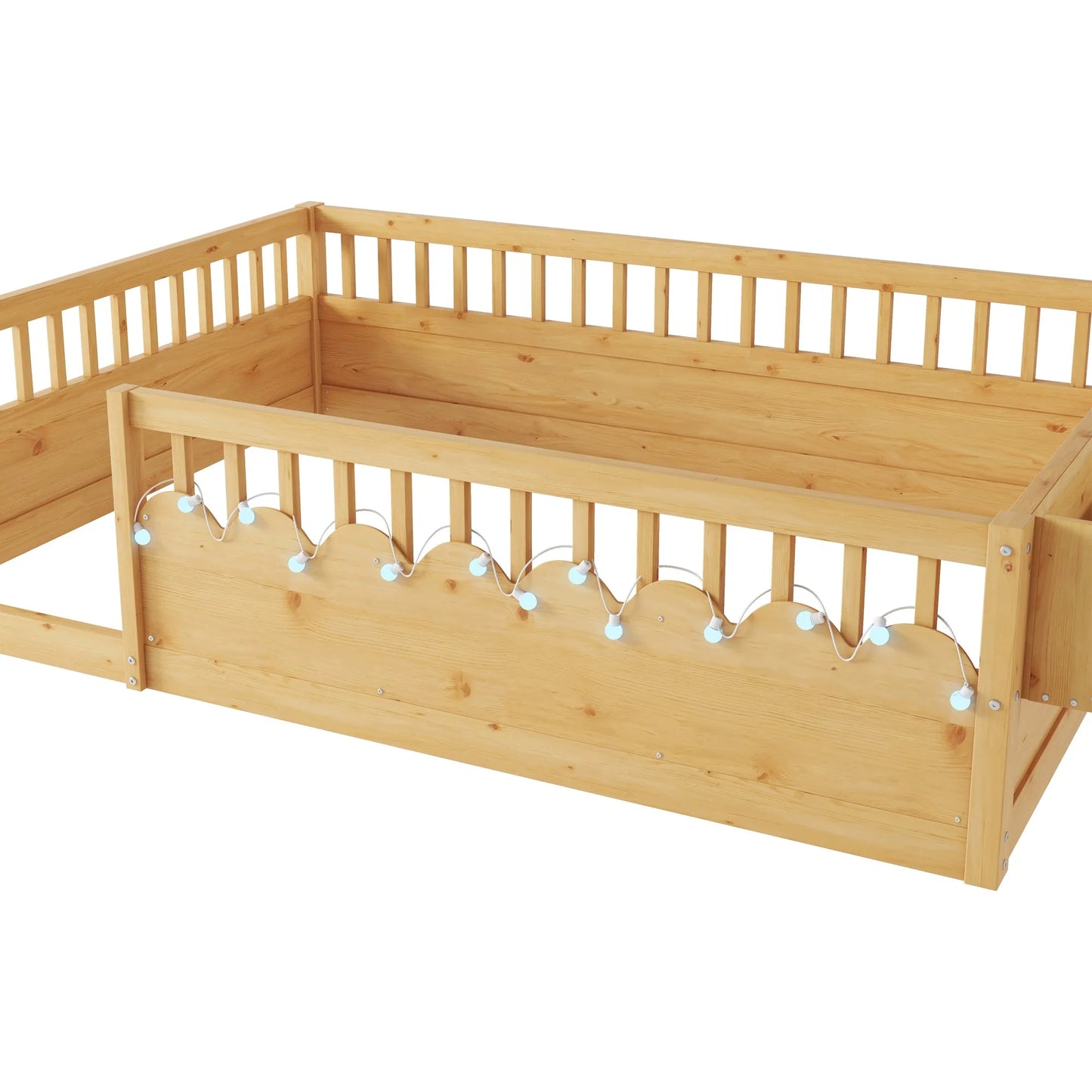 Full Montessori Floor Bed Frame with High Rails, Wood Kids Floor Beds with Light and Storage Shelf, Gray detail view 35