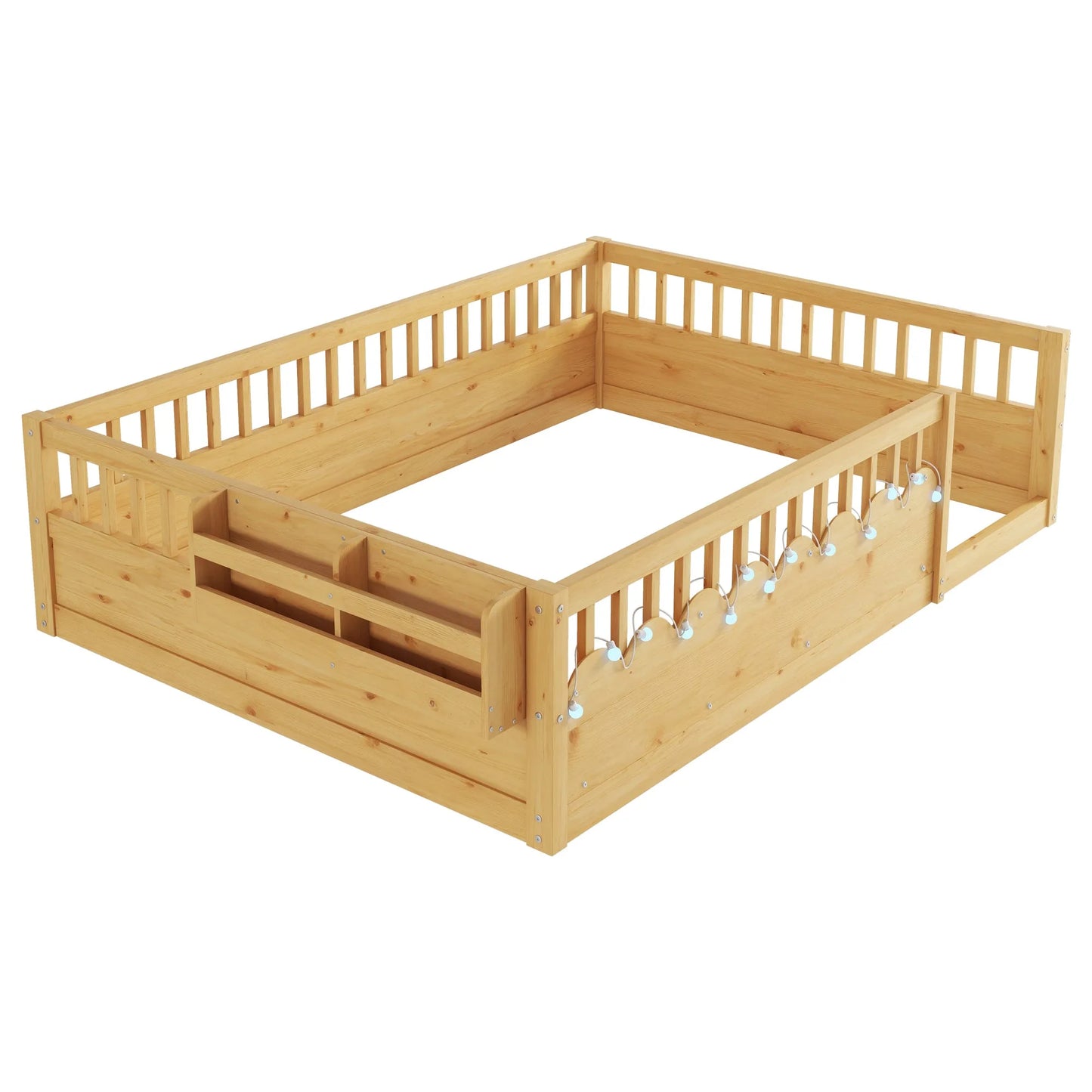Full Montessori Floor Bed Frame with High Rails, Wood Kids Floor Beds with Light and Storage Shelf, Gray detail view 36