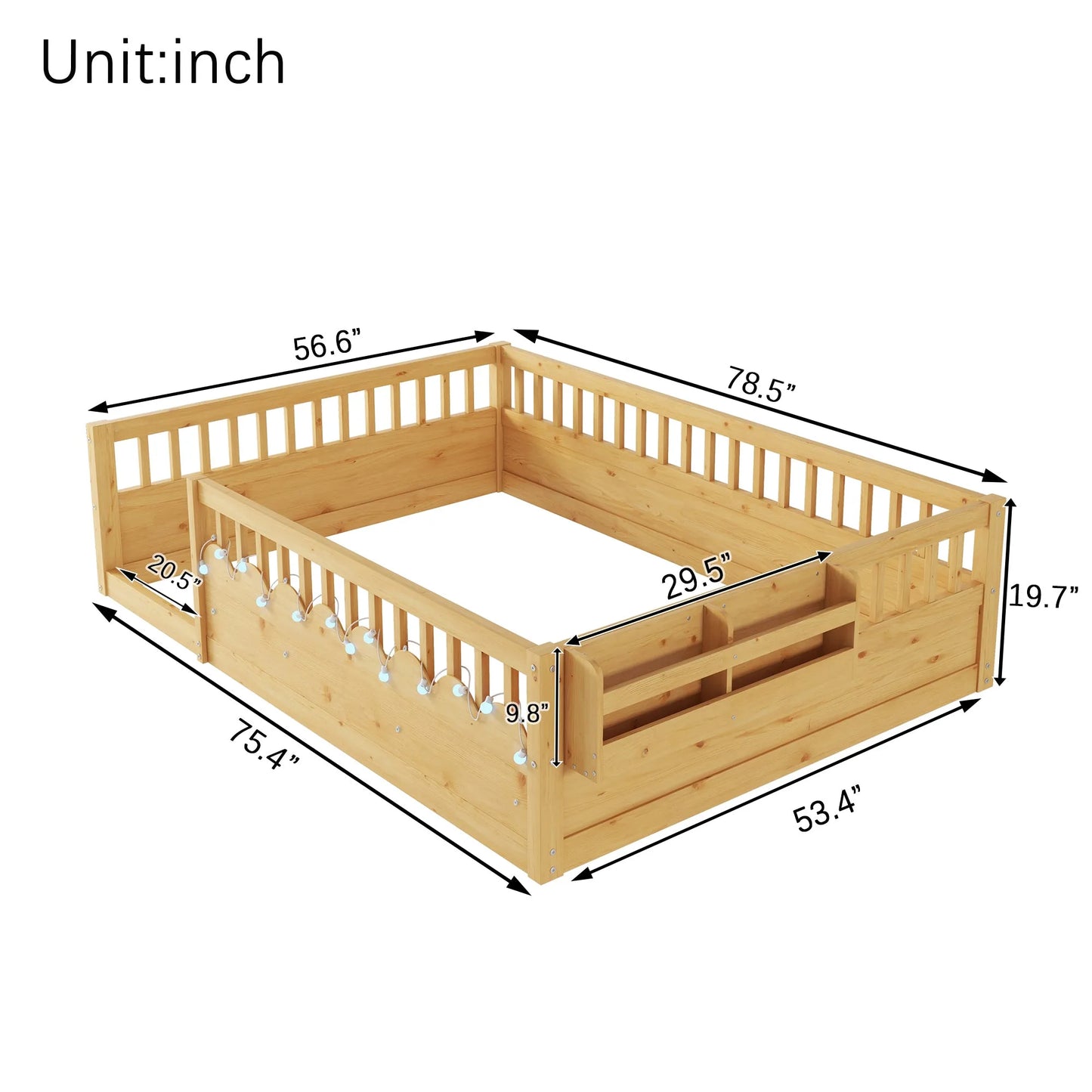 Full Montessori Floor Bed Frame with High Rails, Wood Kids Floor Beds with Light and Storage Shelf, Gray detail view 37