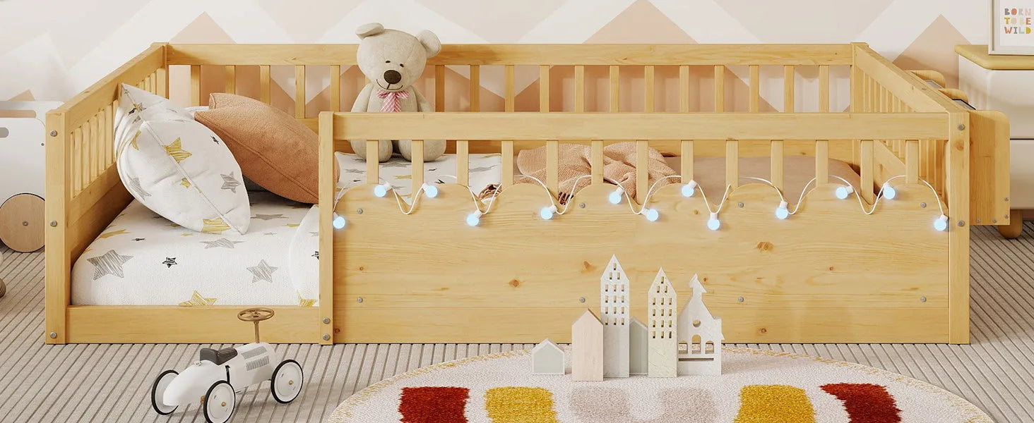 Full Montessori Floor Bed Frame with High Rails, Wood Kids Floor Beds with Light and Storage Shelf, Gray detail view 38