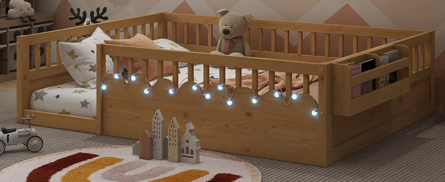 Full Montessori Floor Bed Frame with High Rails, Wood Kids Floor Beds with Light and Storage Shelf, Gray detail view 39