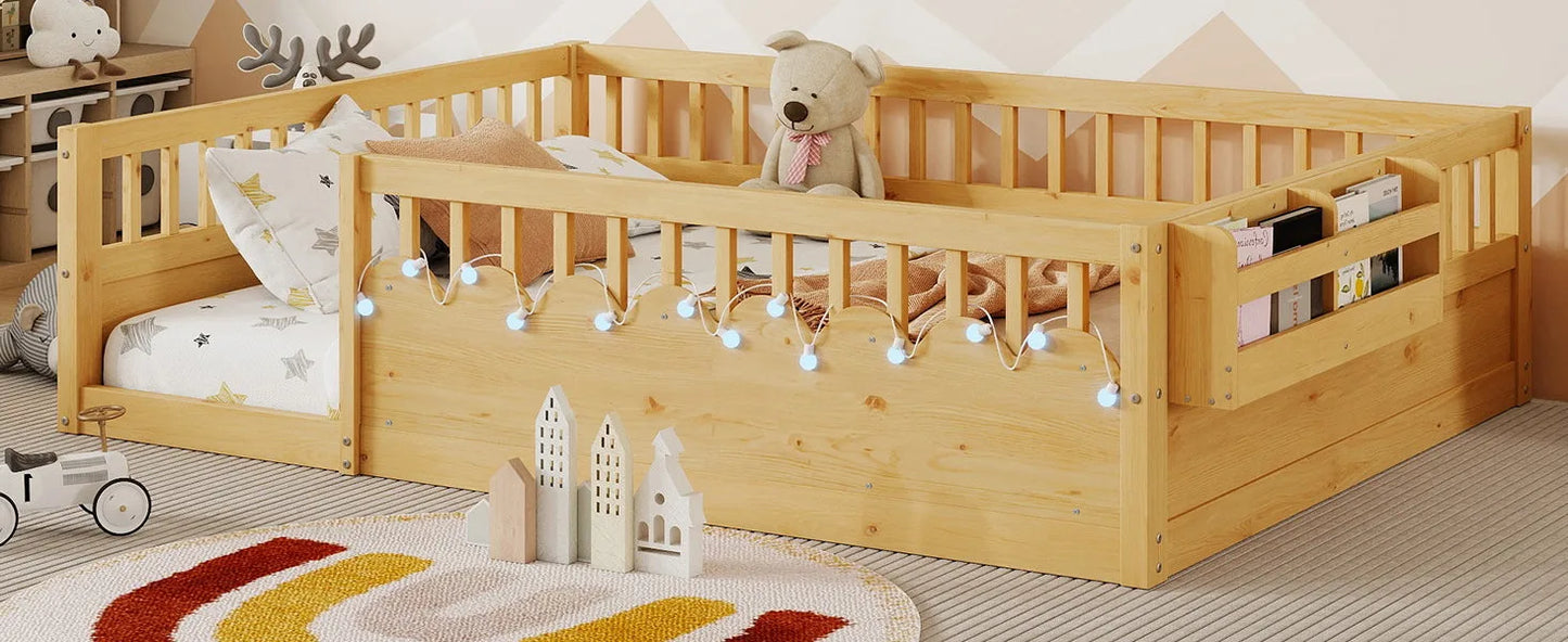 Full Montessori Floor Bed Frame with High Rails, Wood Kids Floor Beds with Light and Storage Shelf, Gray detail view 40