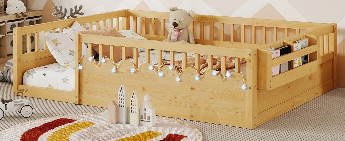 Full Montessori Floor Bed Frame with High Rails, Wood Kids Floor Beds with Light and Storage Shelf, Gray detail view 40