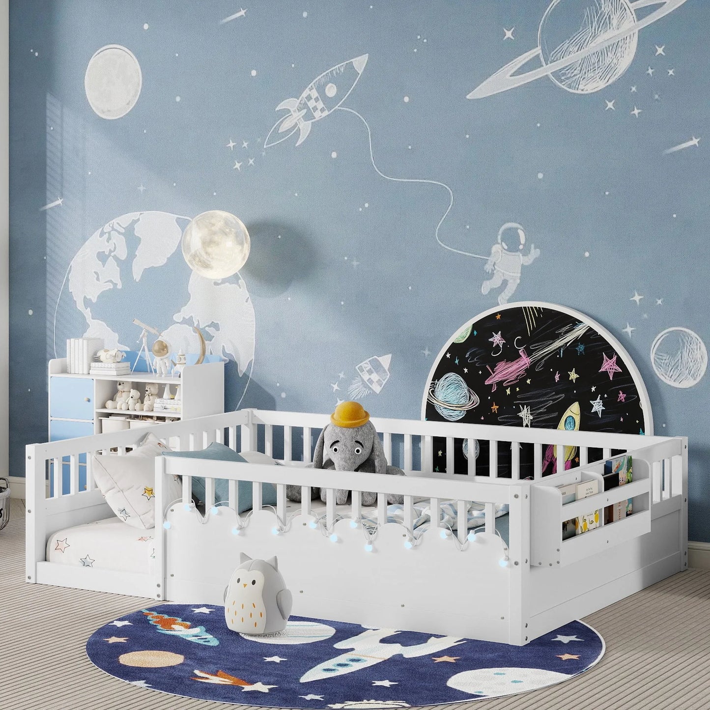 Full Montessori Floor Bed Frame with High Rails, Wood Kids Floor Beds with Light and Storage Shelf, Gray detail view 41