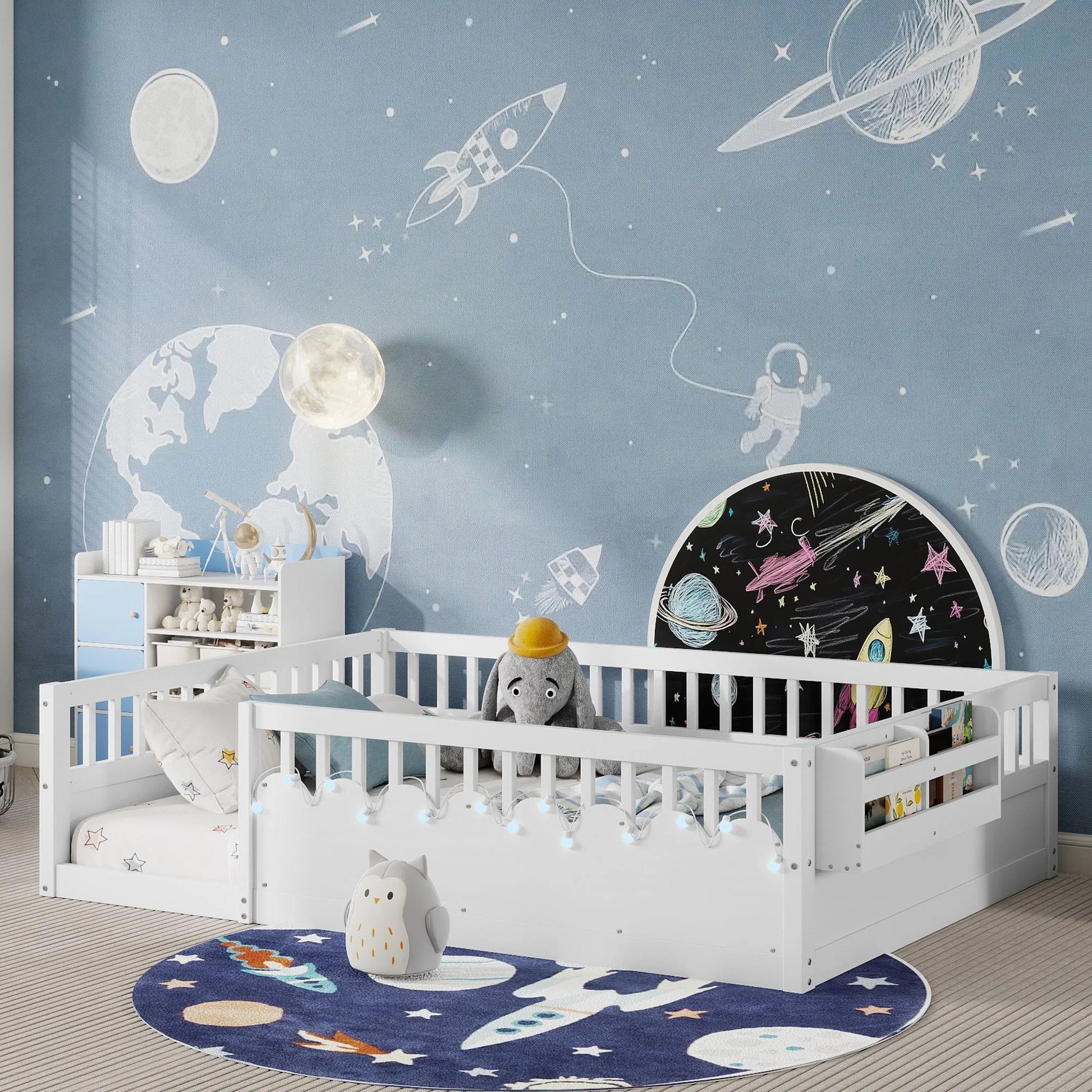 Full Montessori Floor Bed Frame with High Rails, Wood Kids Floor Beds with Light and Storage Shelf, Gray detail view 41