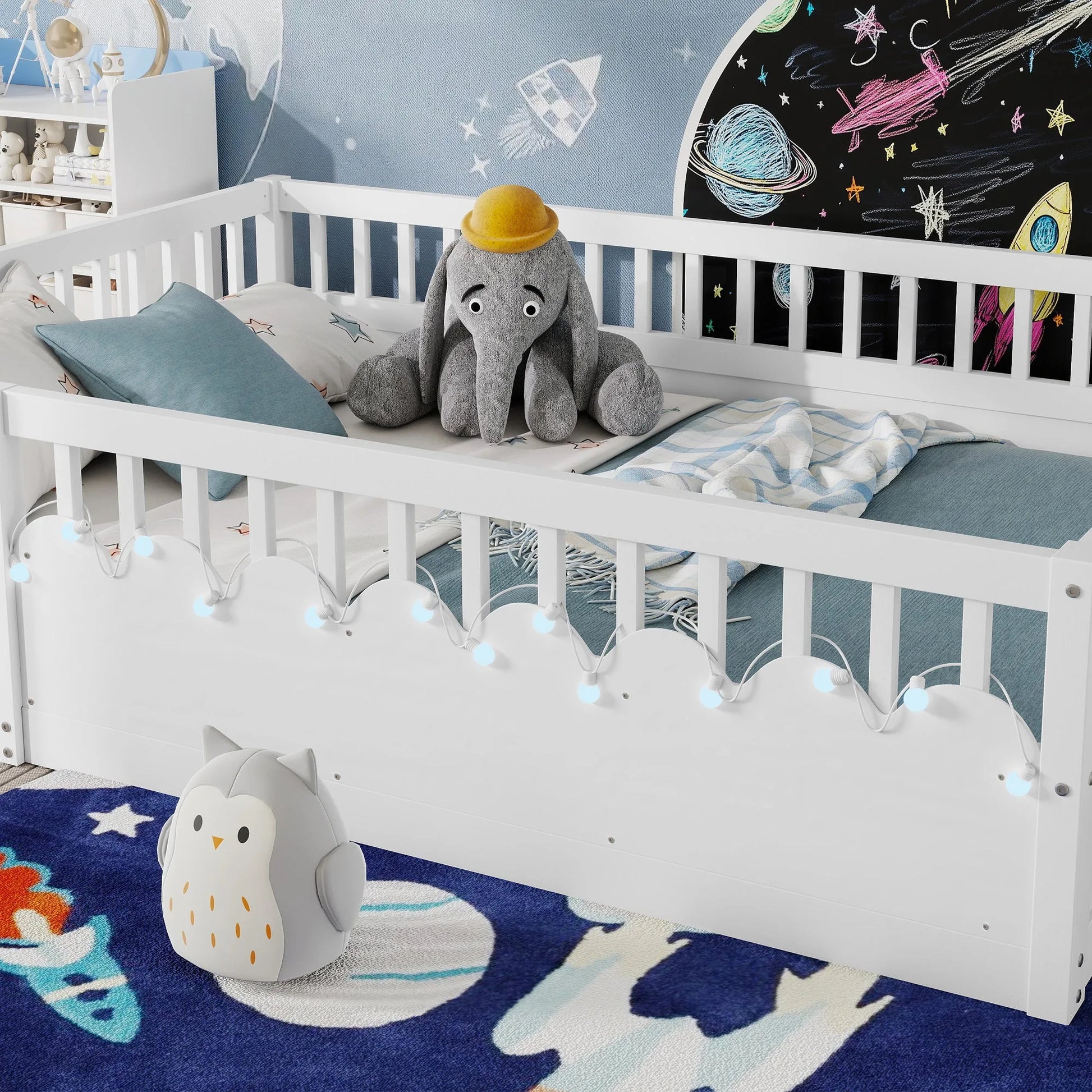 Full Montessori Floor Bed Frame with High Rails, Wood Kids Floor Beds with Light and Storage Shelf, Gray detail view 42