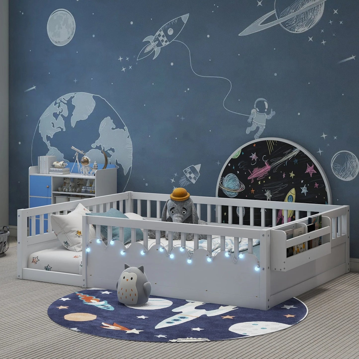 Full Montessori Floor Bed Frame with High Rails, Wood Kids Floor Beds with Light and Storage Shelf, Gray detail view 44