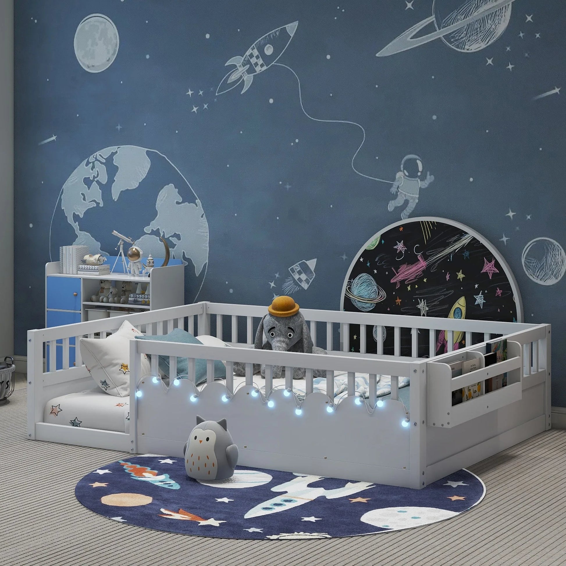 Full Montessori Floor Bed Frame with High Rails, Wood Kids Floor Beds with Light and Storage Shelf, Gray detail view 44