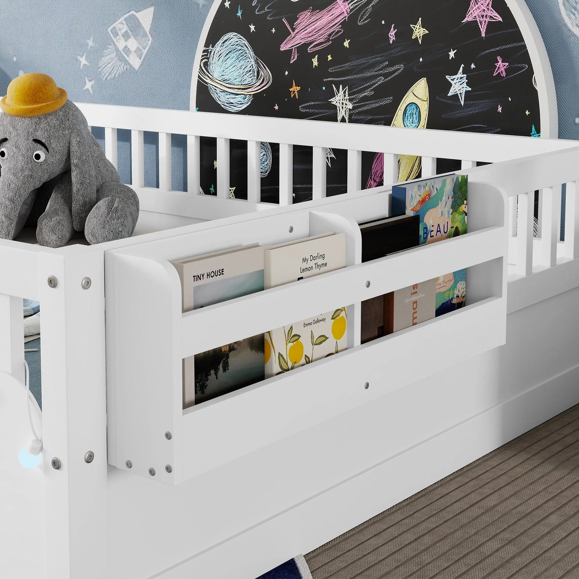 Full Montessori Floor Bed Frame with High Rails, Wood Kids Floor Beds with Light and Storage Shelf, Gray detail view 45