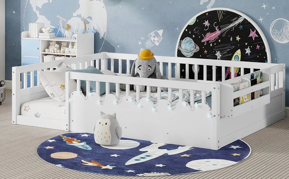 Full Montessori Floor Bed Frame with High Rails, Wood Kids Floor Beds with Light and Storage Shelf, Gray detail view 49