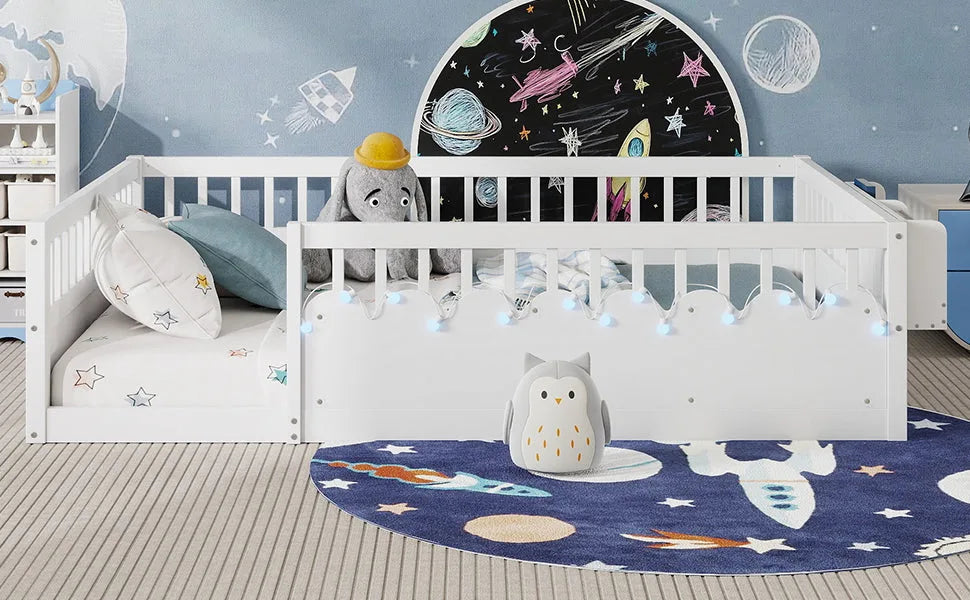 Full Montessori Floor Bed Frame with High Rails, Wood Kids Floor Beds with Light and Storage Shelf, Gray detail view 50