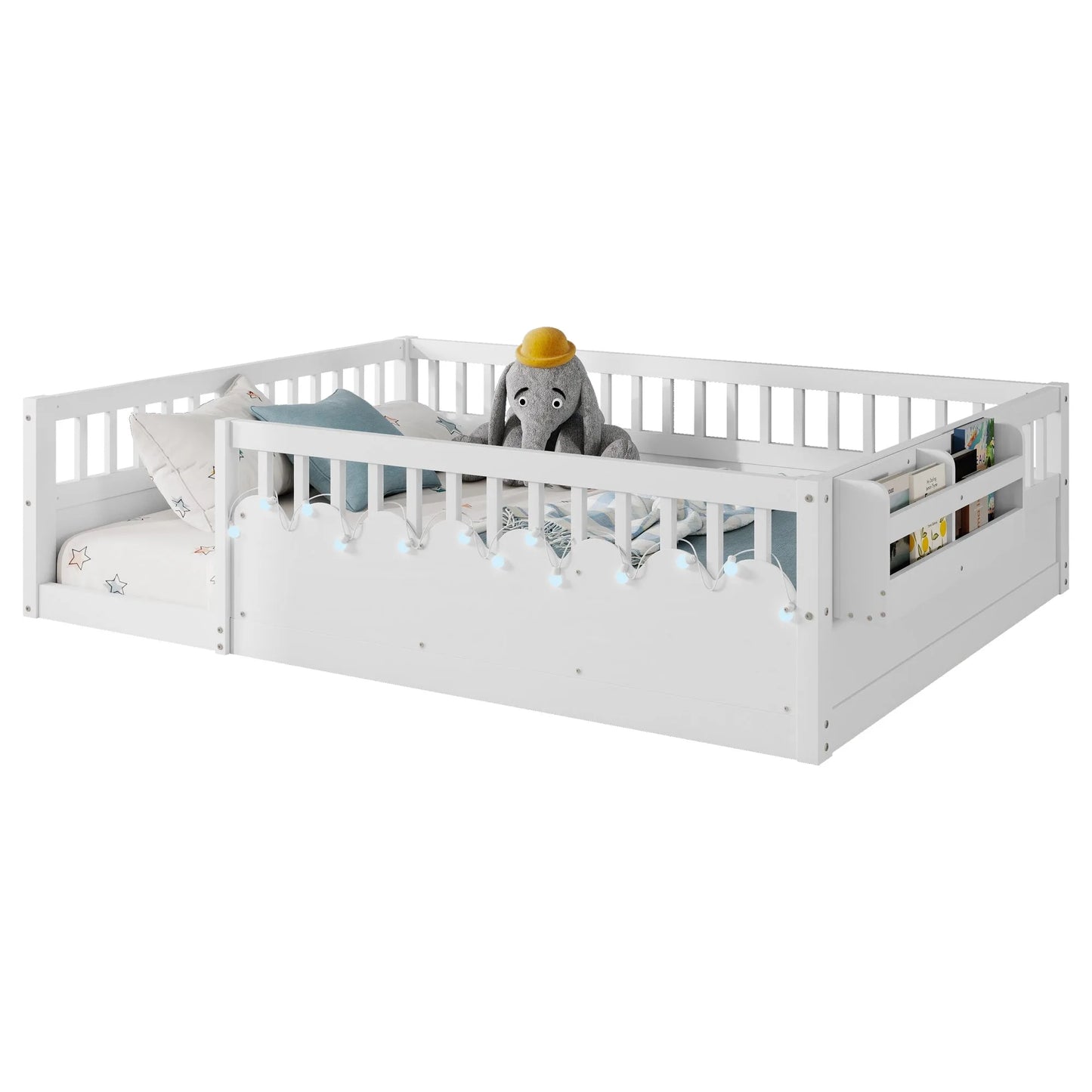 Full Montessori Floor Bed Frame with High Rails, Wood Kids Floor Beds with Light and Storage Shelf, Gray detail view 51