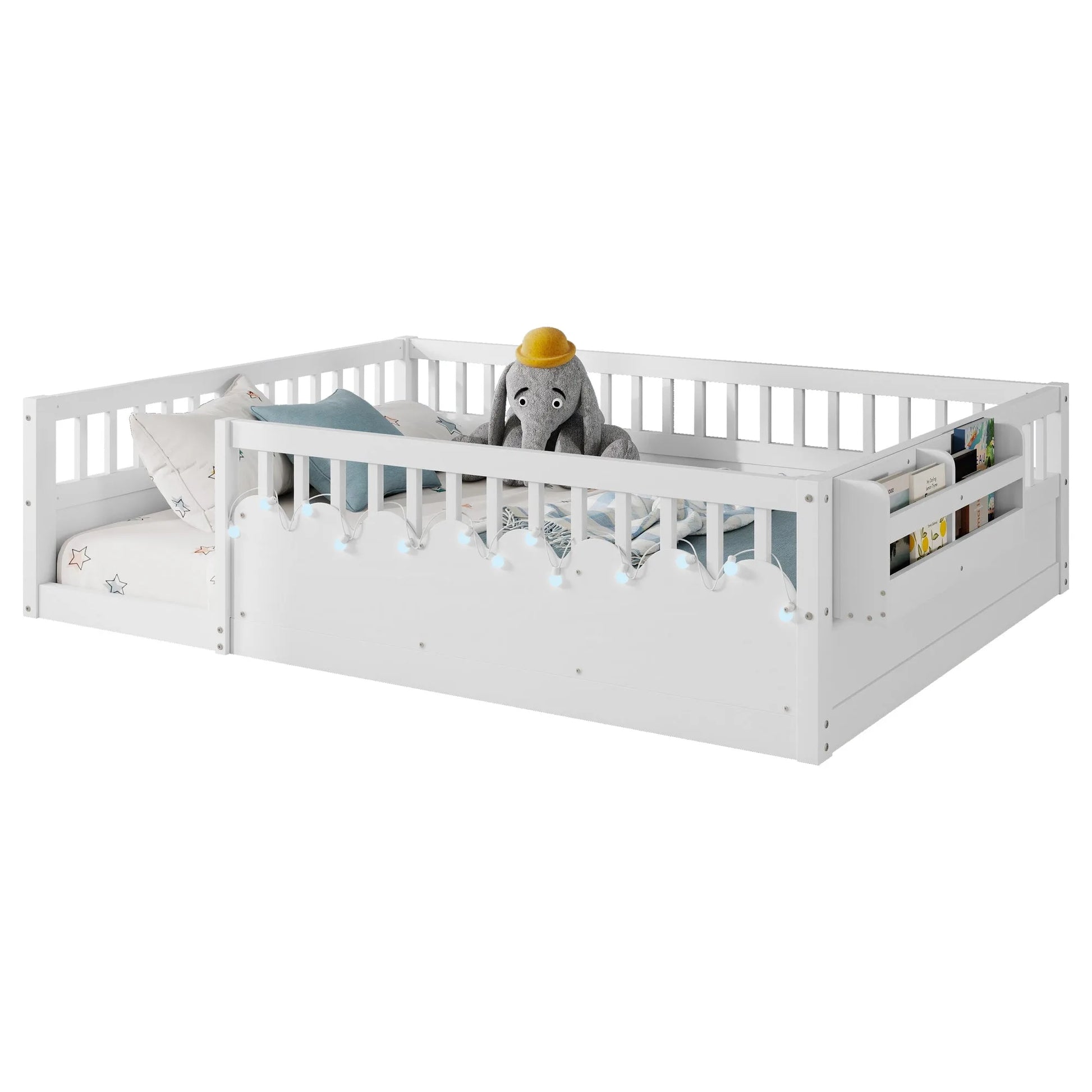 Full Montessori Floor Bed Frame with High Rails, Wood Kids Floor Beds with Light and Storage Shelf, Gray detail view 51