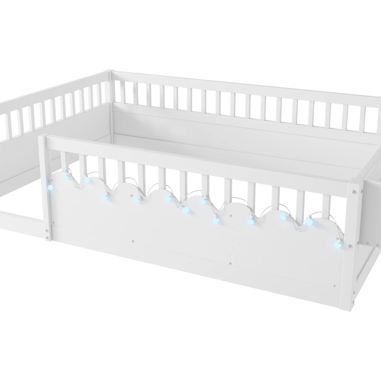 Full Montessori Floor Bed Frame with High Rails, Wood Kids Floor Beds with Light and Storage Shelf, Gray detail view 52
