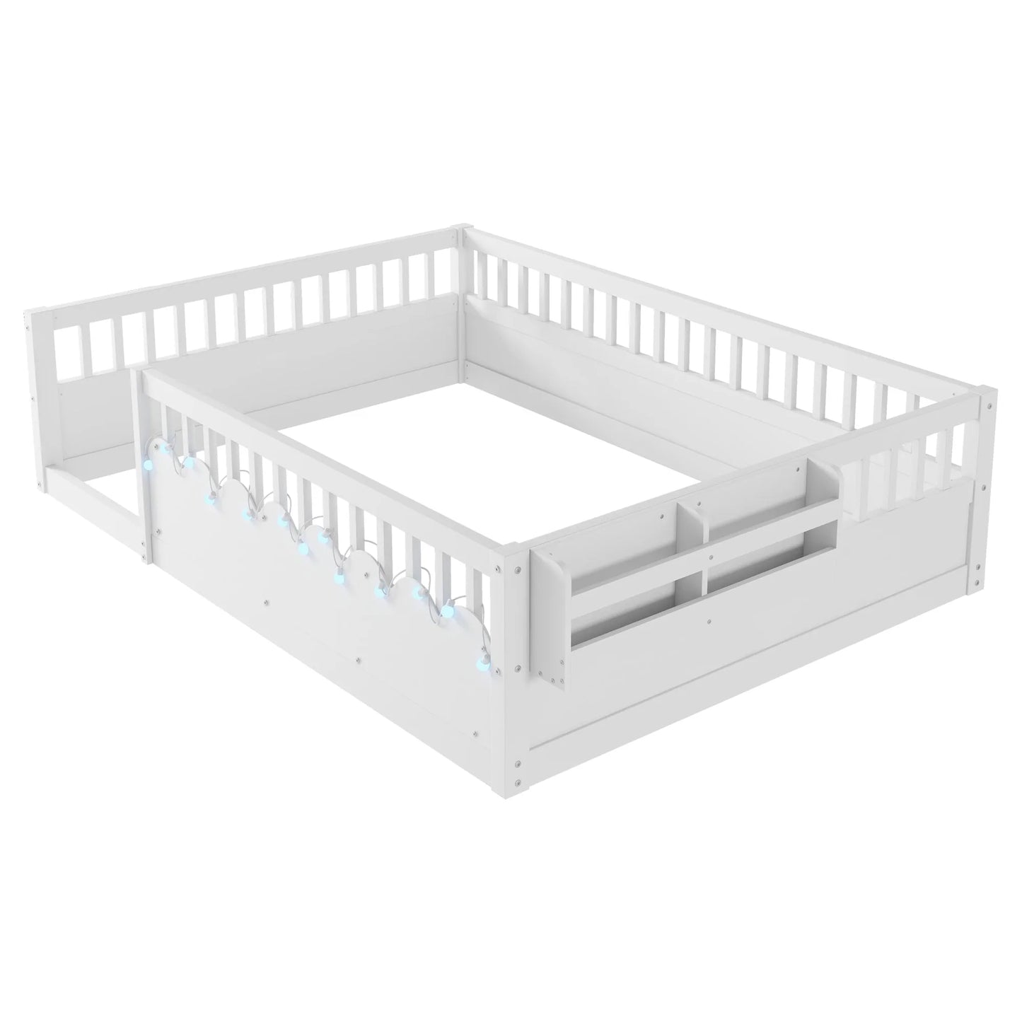 Full Montessori Floor Bed Frame with High Rails, Wood Kids Floor Beds with Light and Storage Shelf, Gray detail view 53