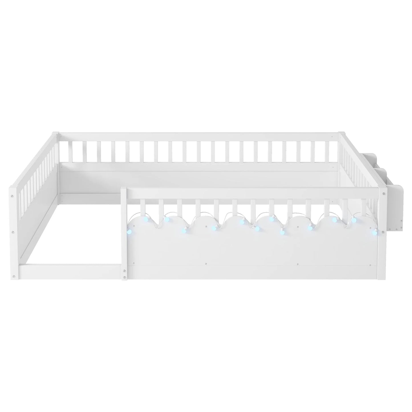 Full Montessori Floor Bed Frame with High Rails, Wood Kids Floor Beds with Light and Storage Shelf, Gray detail view 54
