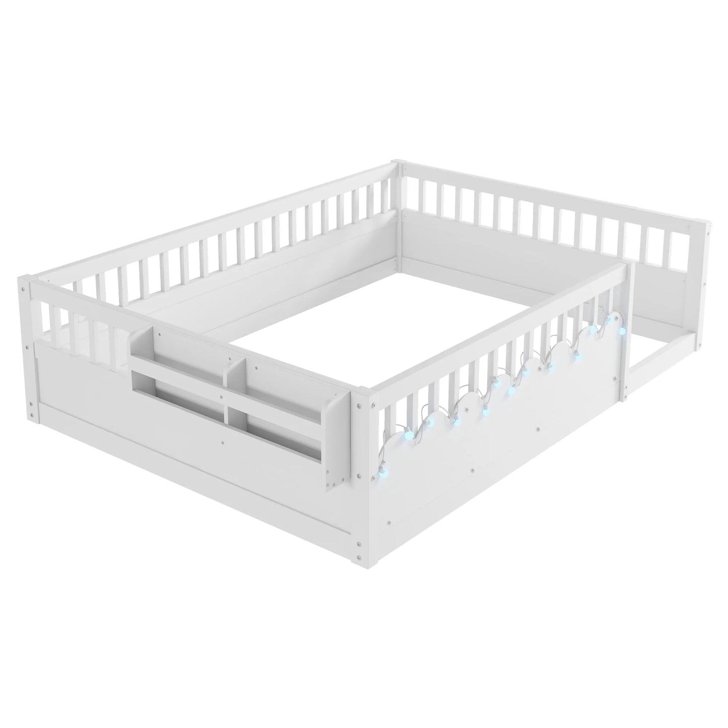 Full Montessori Floor Bed Frame with High Rails, Wood Kids Floor Beds with Light and Storage Shelf, Gray detail view 55