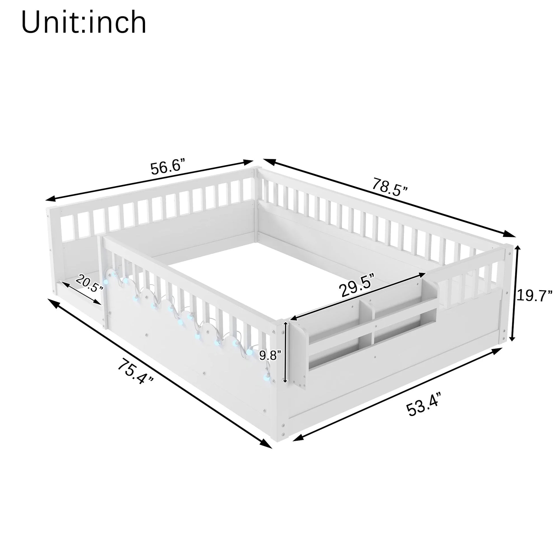 Full Montessori Floor Bed Frame with High Rails, Wood Kids Floor Beds with Light and Storage Shelf, Gray detail view 56