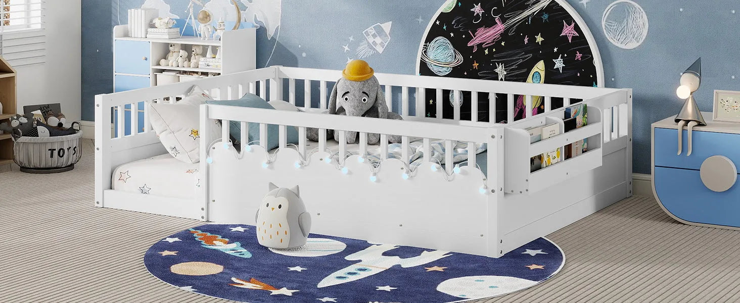 Full Montessori Floor Bed Frame with High Rails, Wood Kids Floor Beds with Light and Storage Shelf, Gray detail view 57
