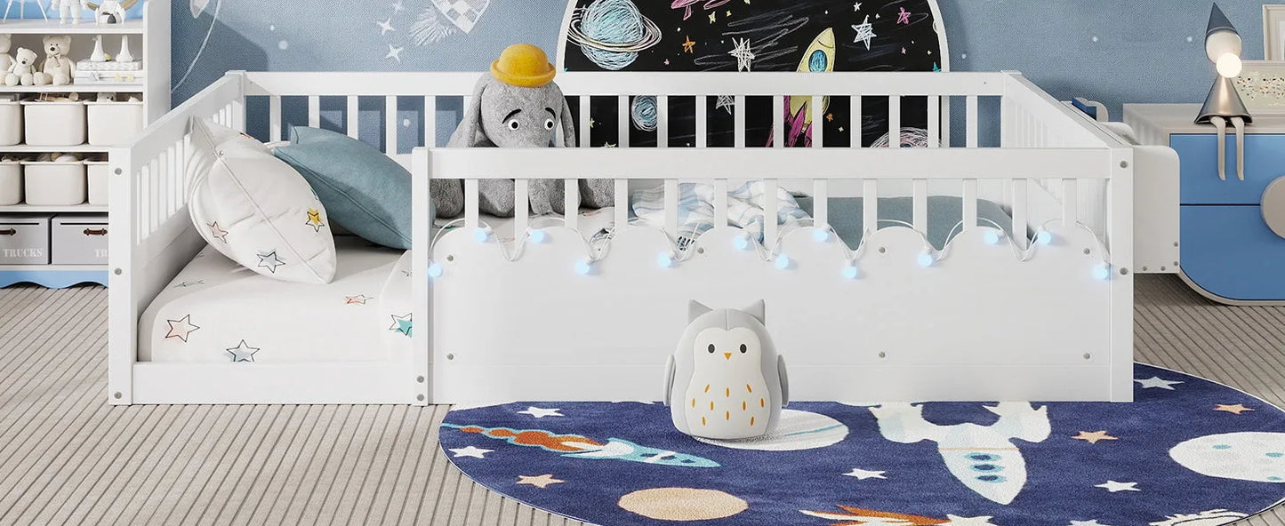 Full Montessori Floor Bed Frame with High Rails, Wood Kids Floor Beds with Light and Storage Shelf, Gray detail view 59