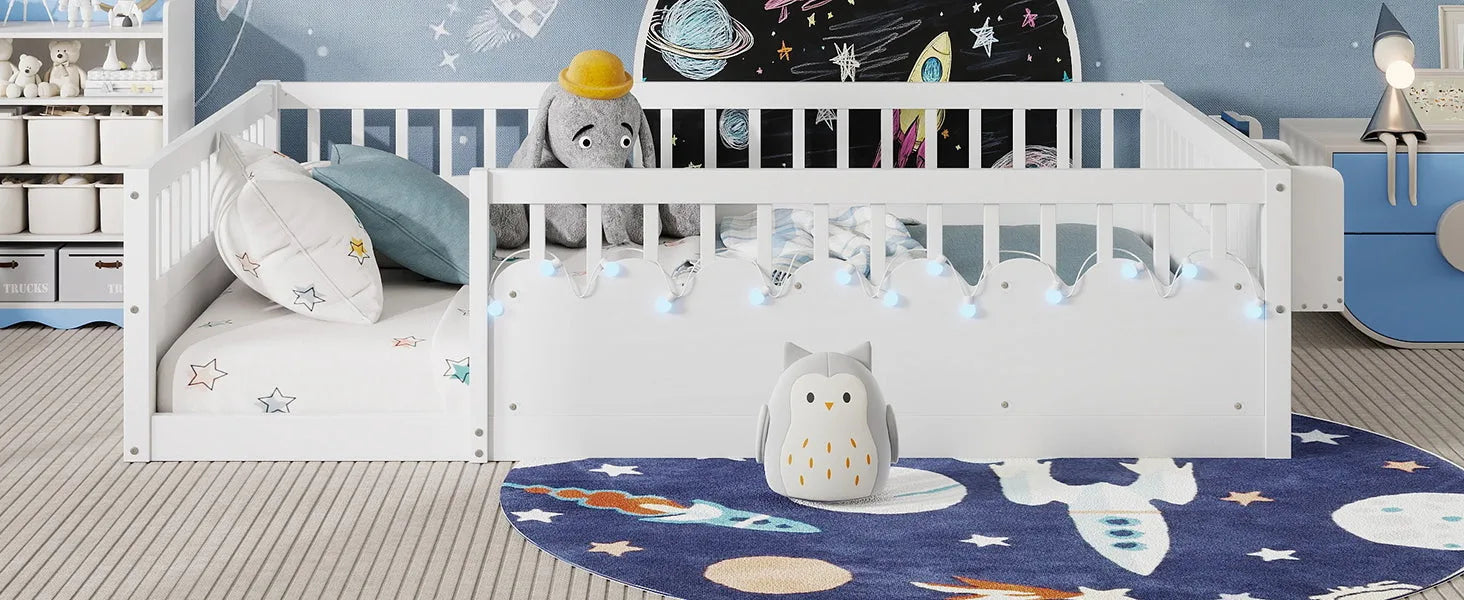 Full Montessori Floor Bed Frame with High Rails, Wood Kids Floor Beds with Light and Storage Shelf, Gray detail view 59
