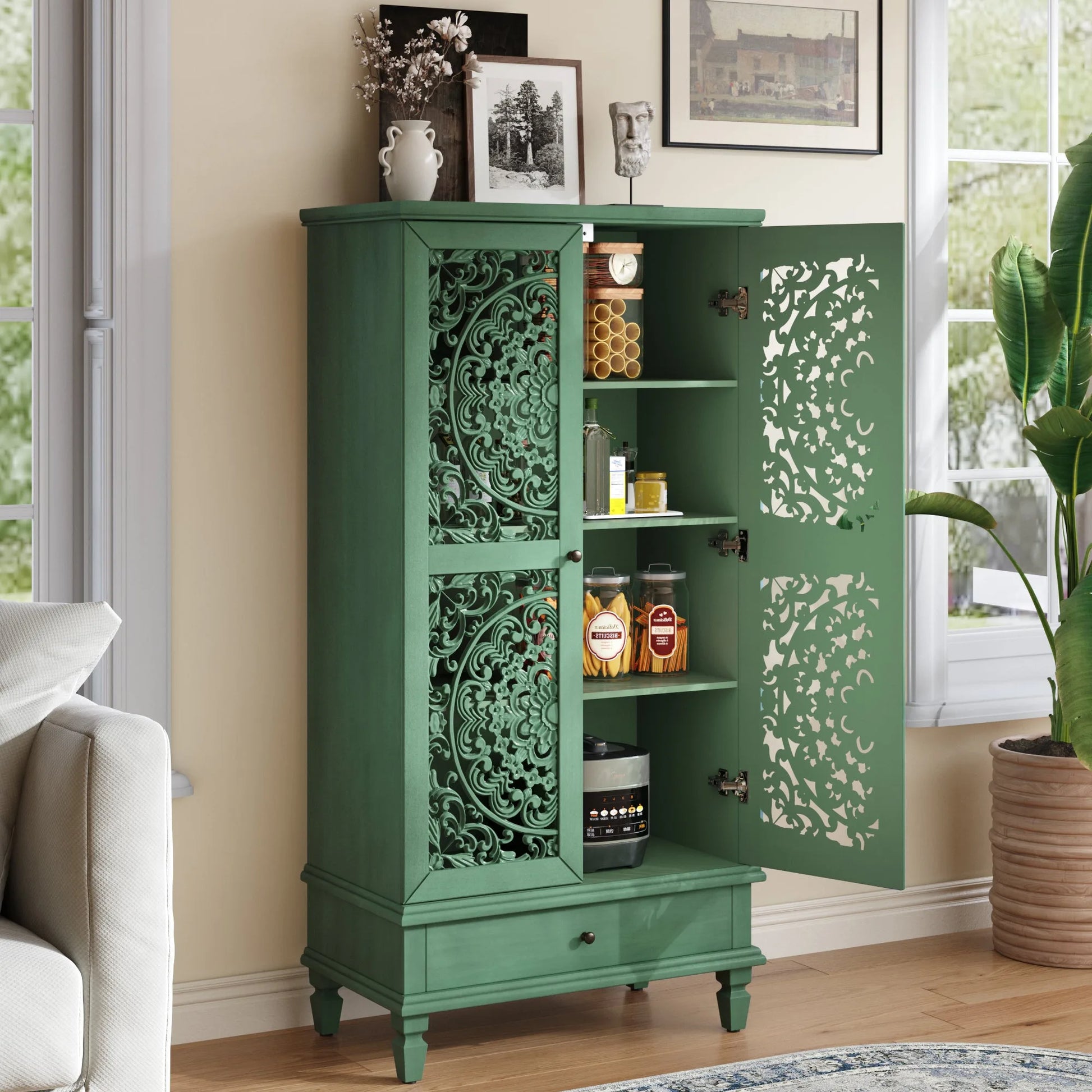 Rustic 55'' Tall Storage Cabinet with Drawer, Decorative 2-Door Carved Wood Accent Cabinet with Solid Wood Legs for Living Room, Hallway, Dining Room, Antique Green lifestyle view