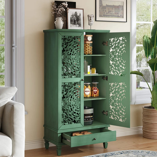 Rustic 55'' Tall Storage Cabinet with Drawer, Decorative 2-Door Carved Wood Accent Cabinet with Solid Wood Legs for Living Room, Hallway, Dining Room, Antique Green detail view 2