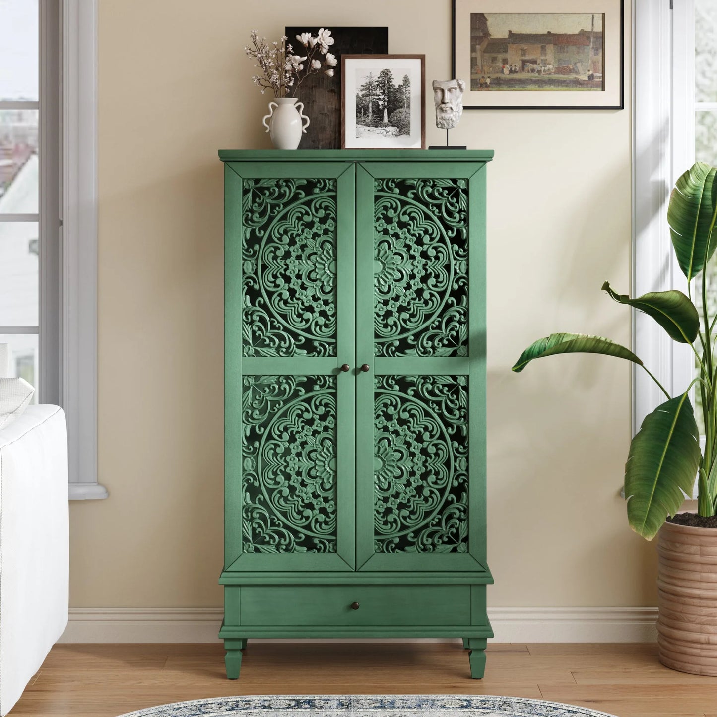 Rustic 55'' Tall Storage Cabinet with Drawer, Decorative 2-Door Carved Wood Accent Cabinet with Solid Wood Legs for Living Room, Hallway, Dining Room, Antique Green detail view 3