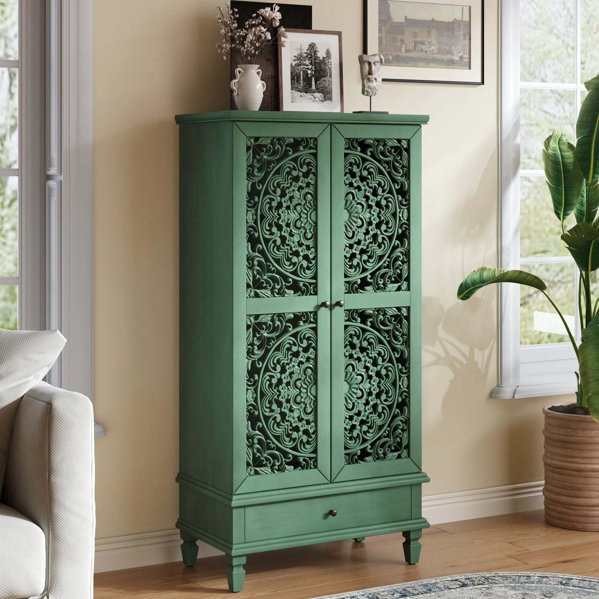 Rustic 55'' Tall Storage Cabinet with Drawer, Decorative 2-Door Carved Wood Accent Cabinet with Solid Wood Legs for Living Room, Hallway, Dining Room, Antique Green detail view 4