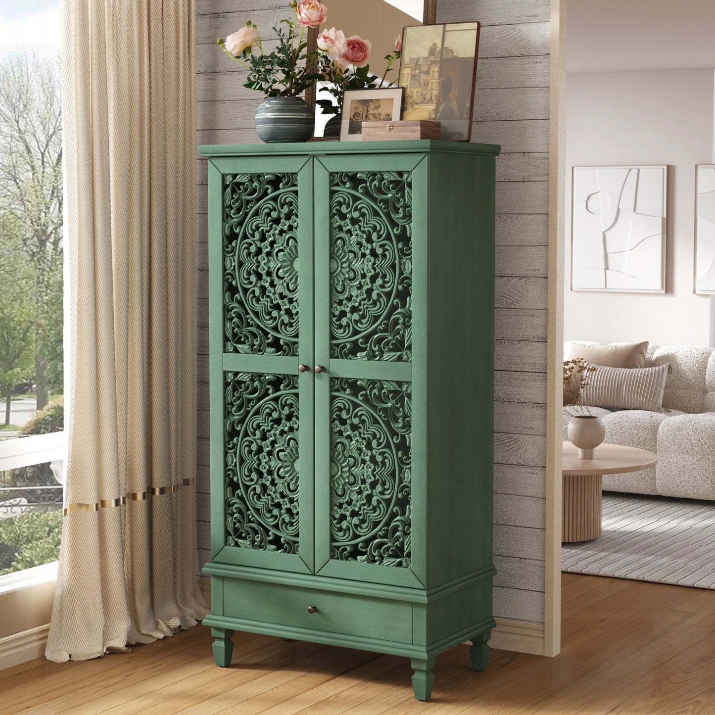 Rustic 55'' Tall Storage Cabinet with Drawer, Decorative 2-Door Carved Wood Accent Cabinet with Solid Wood Legs for Living Room, Hallway, Dining Room, Antique Green detail view 5
