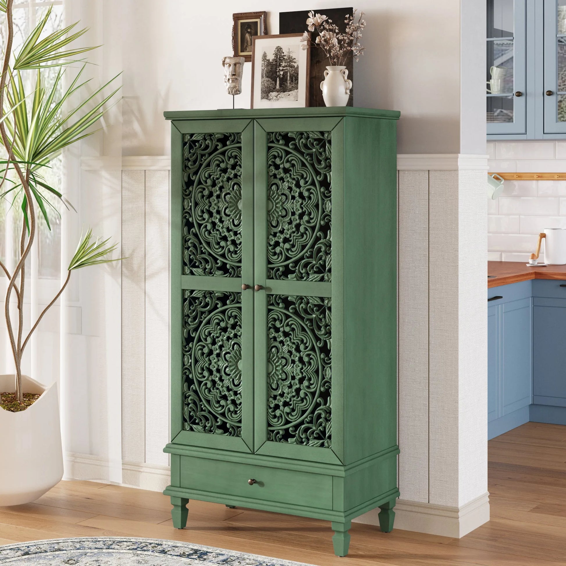 Rustic 55'' Tall Storage Cabinet with Drawer, Decorative 2-Door Carved Wood Accent Cabinet with Solid Wood Legs for Living Room, Hallway, Dining Room, Antique Green detail view 6
