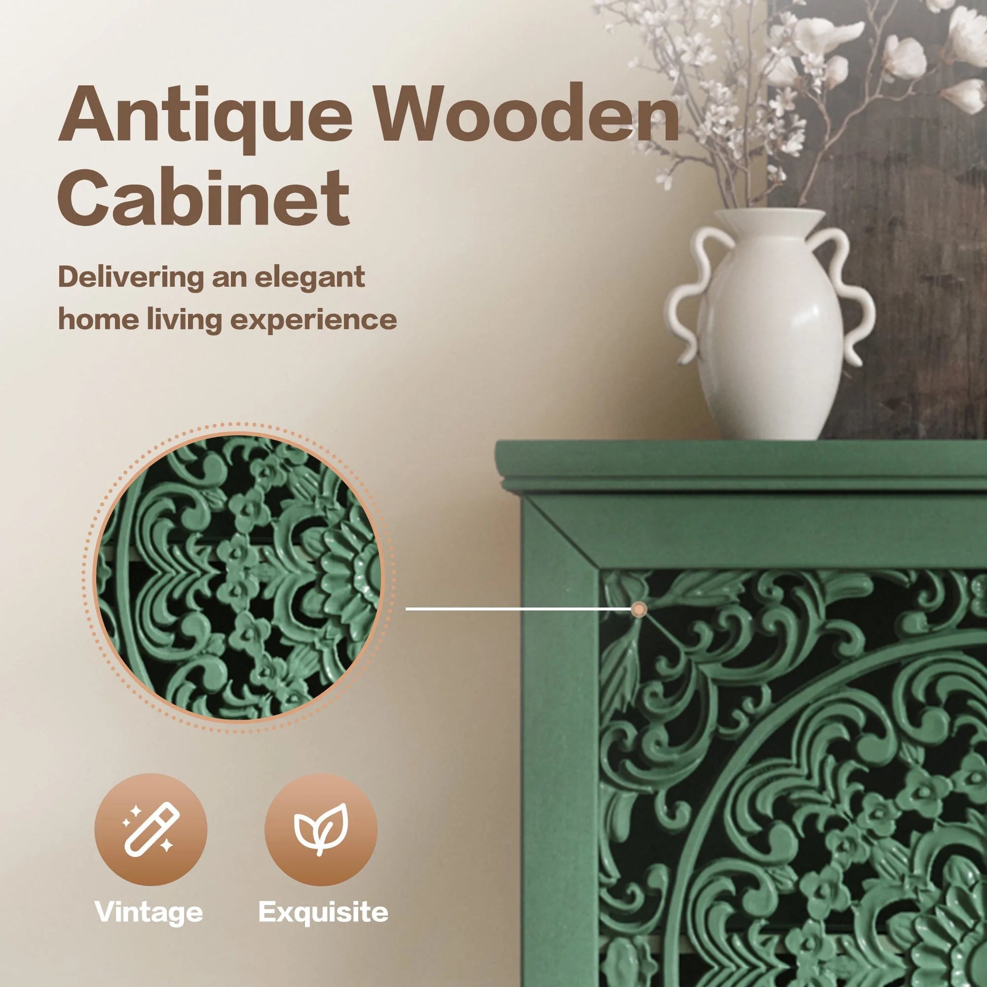 Rustic 55'' Tall Storage Cabinet with Drawer, Decorative 2-Door Carved Wood Accent Cabinet with Solid Wood Legs for Living Room, Hallway, Dining Room, Antique Green detail view 7