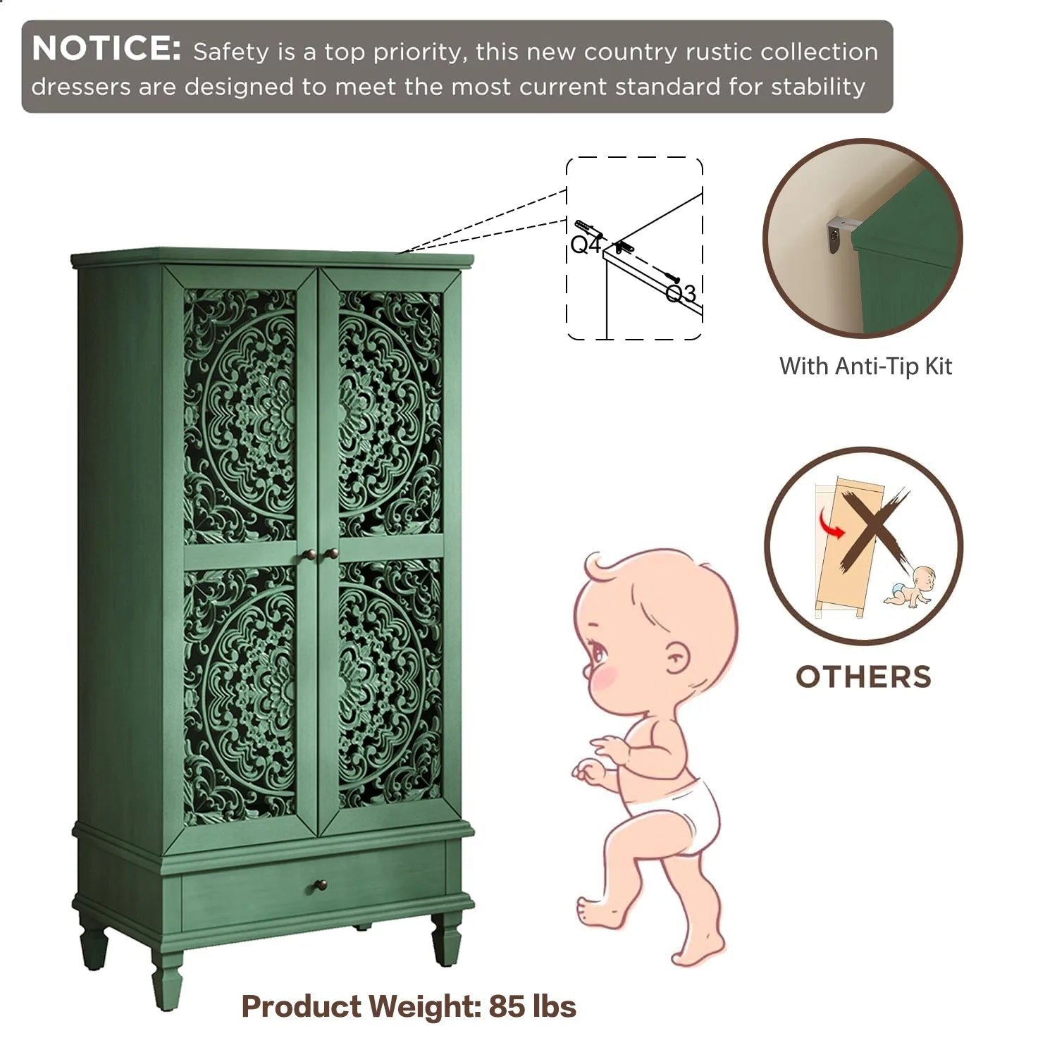 Rustic 55'' Tall Storage Cabinet with Drawer, Decorative 2-Door Carved Wood Accent Cabinet with Solid Wood Legs for Living Room, Hallway, Dining Room, Antique Green detail view 10