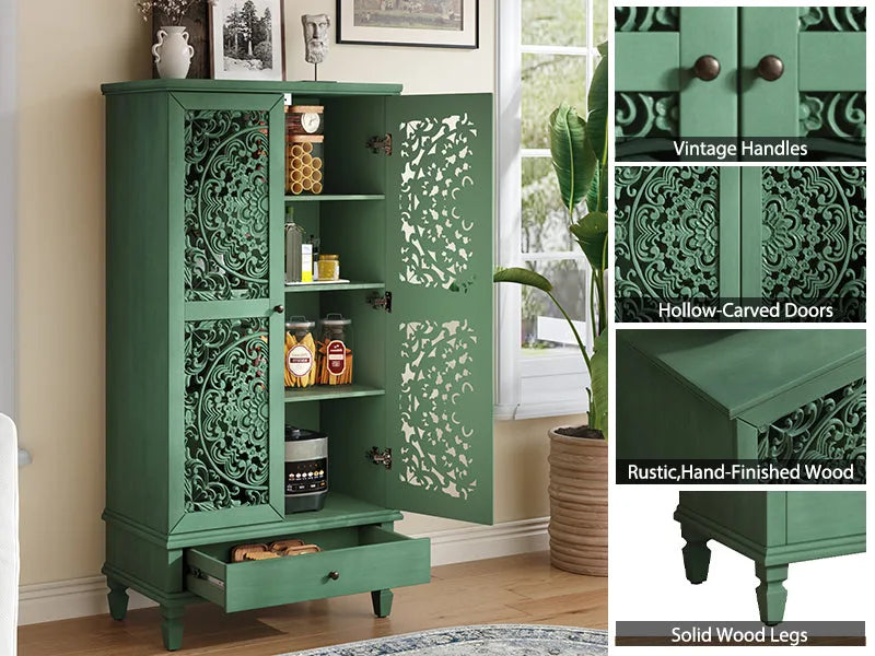 Rustic 55'' Tall Storage Cabinet with Drawer, Decorative 2-Door Carved Wood Accent Cabinet with Solid Wood Legs for Living Room, Hallway, Dining Room, Antique Green detail view 11