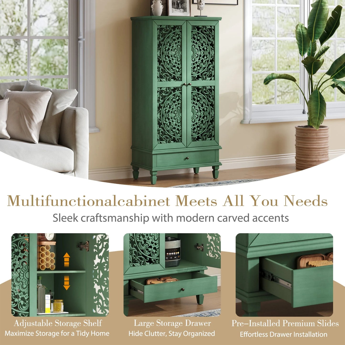 Rustic 55'' Tall Storage Cabinet with Drawer, Decorative 2-Door Carved Wood Accent Cabinet with Solid Wood Legs for Living Room, Hallway, Dining Room, Antique Green detail view 12