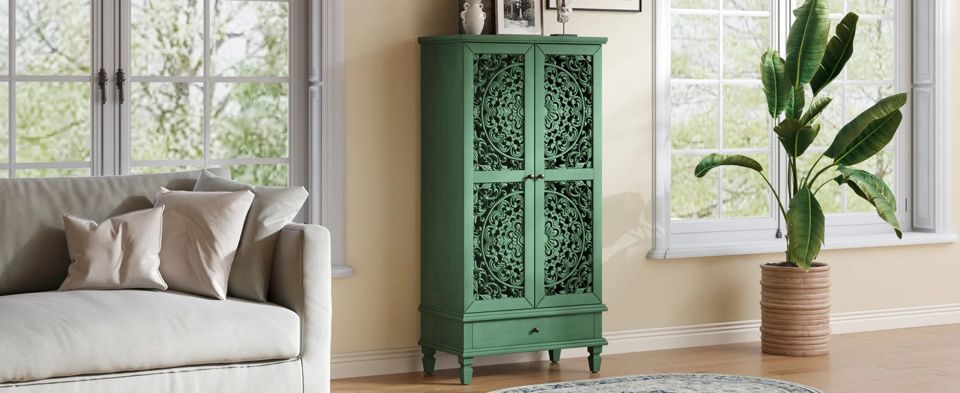 Rustic 55'' Tall Storage Cabinet with Drawer, Decorative 2-Door Carved Wood Accent Cabinet with Solid Wood Legs for Living Room, Hallway, Dining Room, Antique Green detail view 14
