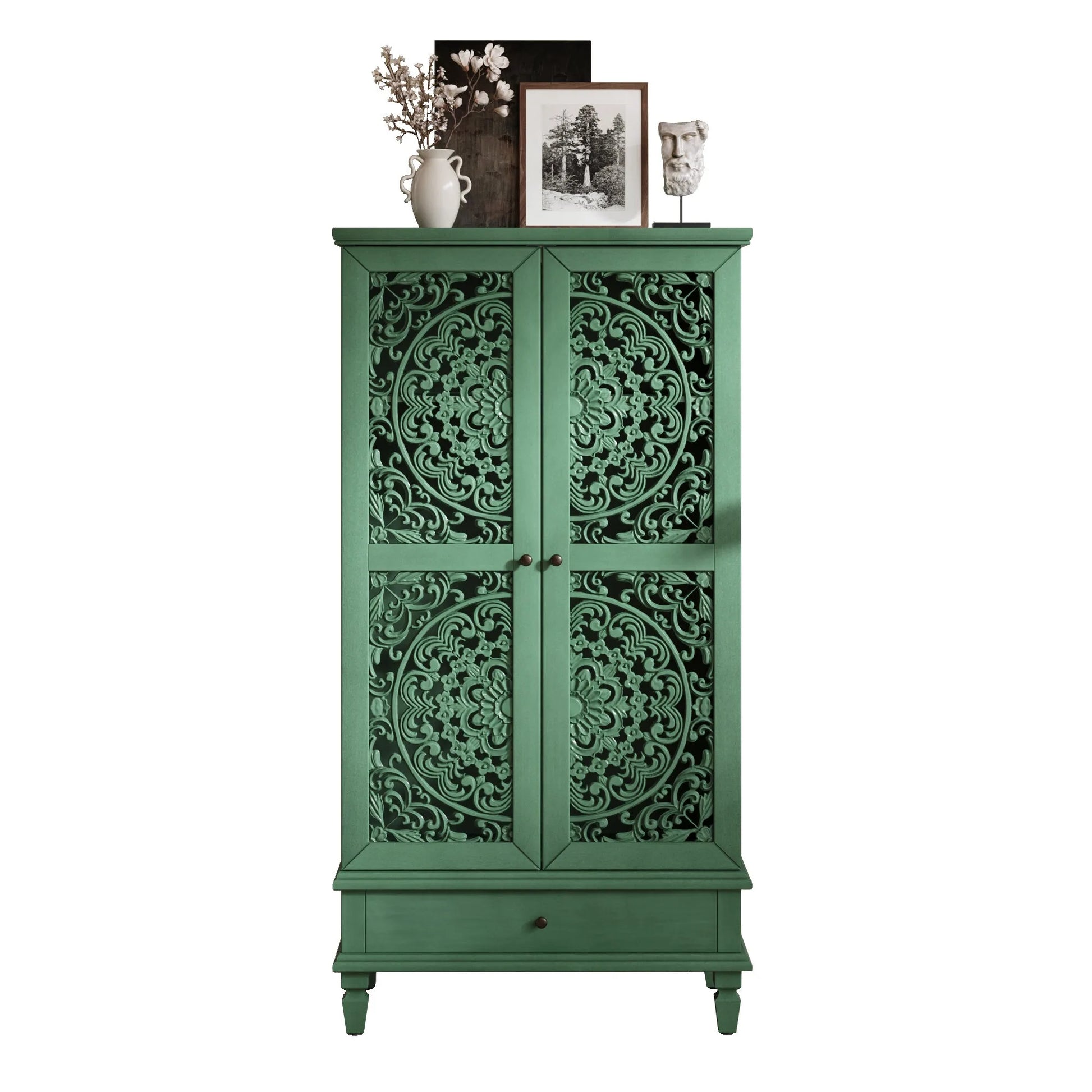 Rustic 55'' Tall Storage Cabinet with Drawer, Decorative 2-Door Carved Wood Accent Cabinet with Solid Wood Legs for Living Room, Hallway, Dining Room, Antique Green detail view 15