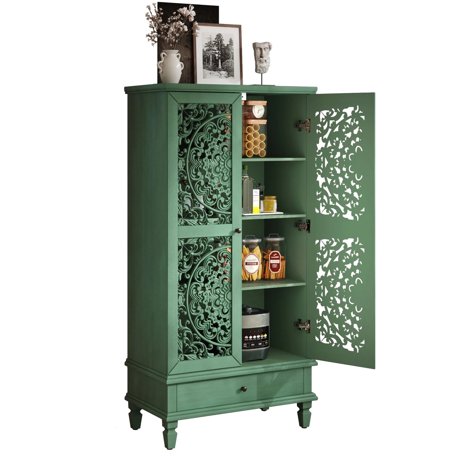 Rustic 55'' Tall Storage Cabinet with Drawer, Decorative 2-Door Carved Wood Accent Cabinet with Solid Wood Legs for Living Room, Hallway, Dining Room, Antique Green detail view 16