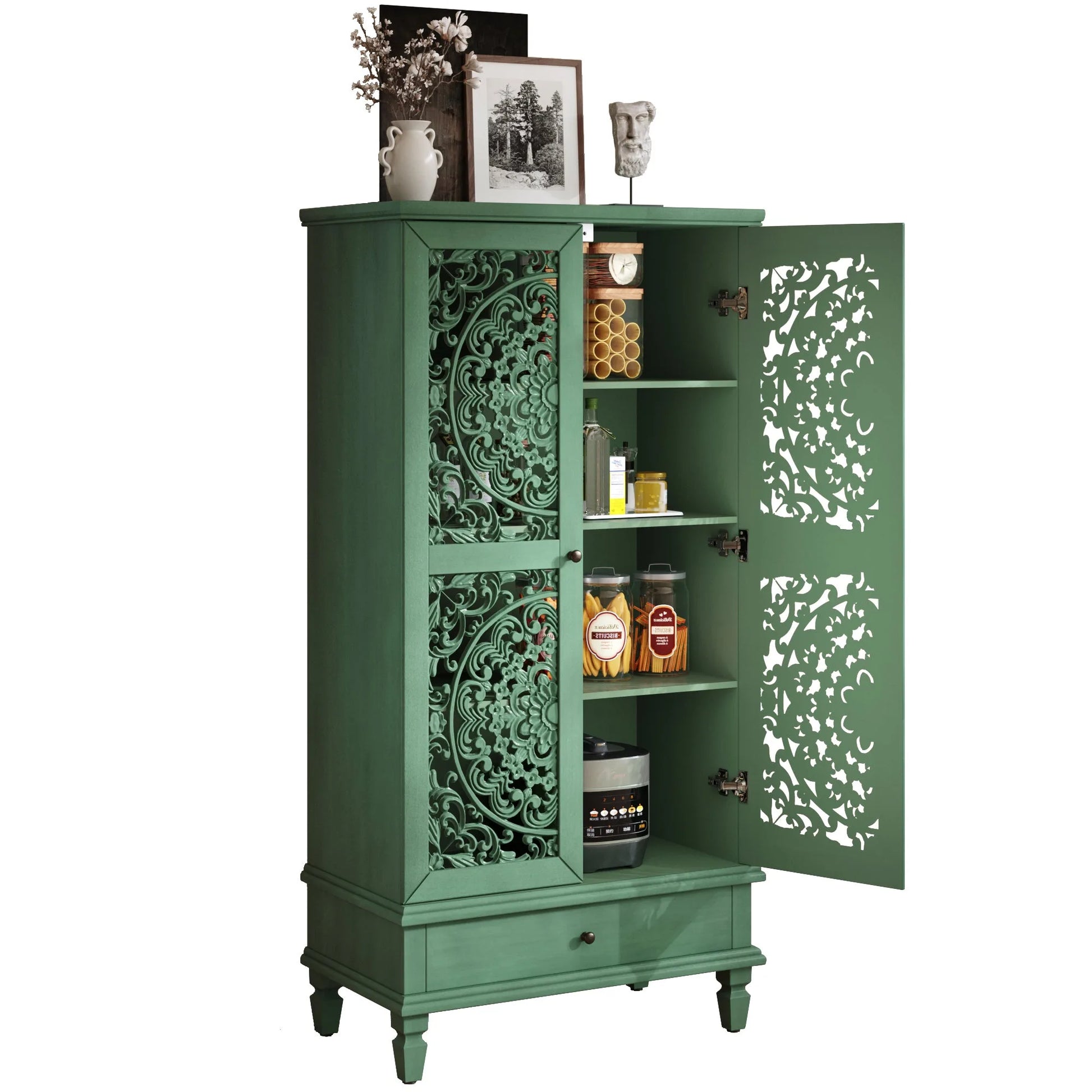 Rustic 55'' Tall Storage Cabinet with Drawer, Decorative 2-Door Carved Wood Accent Cabinet with Solid Wood Legs for Living Room, Hallway, Dining Room, Antique Green detail view 16