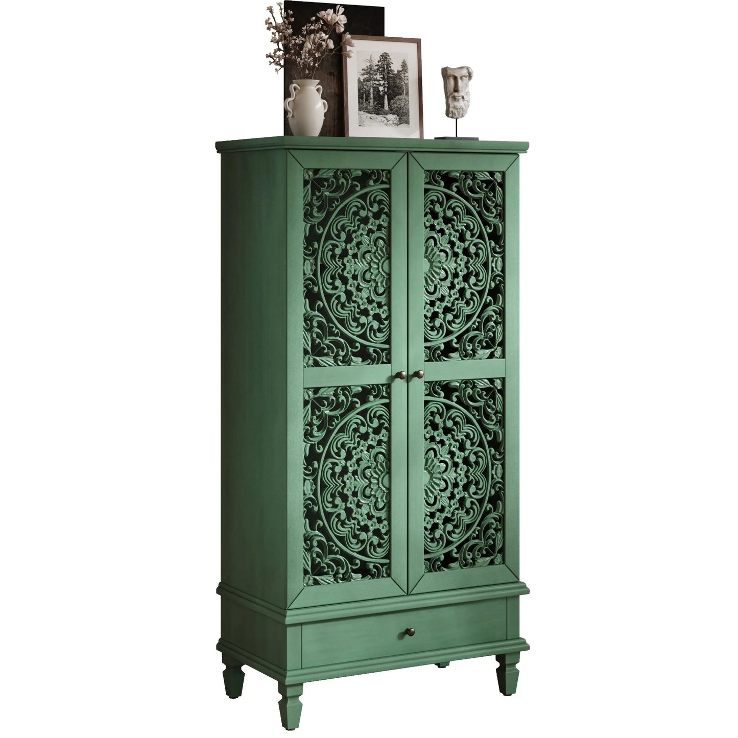 Rustic 55'' Tall Storage Cabinet with Drawer, Decorative 2-Door Carved Wood Accent Cabinet with Solid Wood Legs for Living Room, Hallway, Dining Room, Antique Green detail view 17
