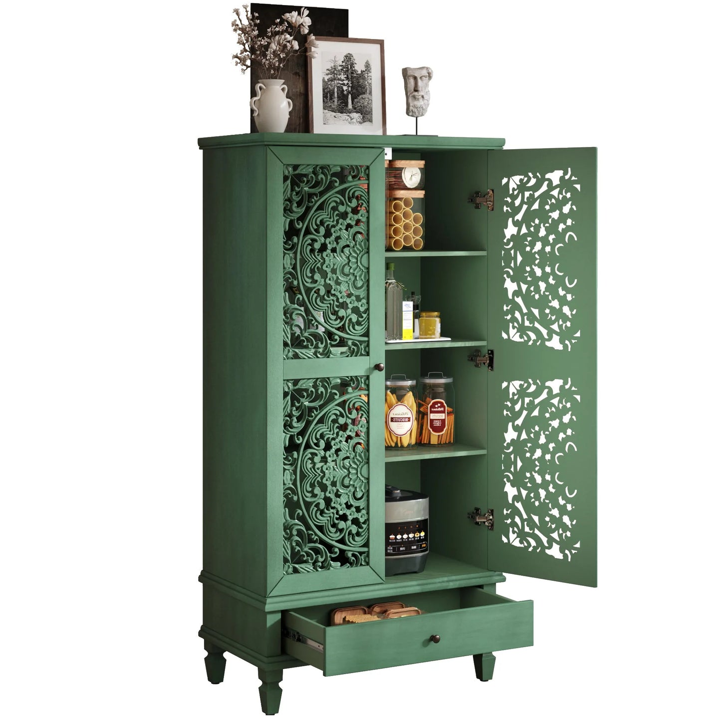 Rustic 55'' Tall Storage Cabinet with Drawer, Decorative 2-Door Carved Wood Accent Cabinet with Solid Wood Legs for Living Room, Hallway, Dining Room, Antique Green detail view 18