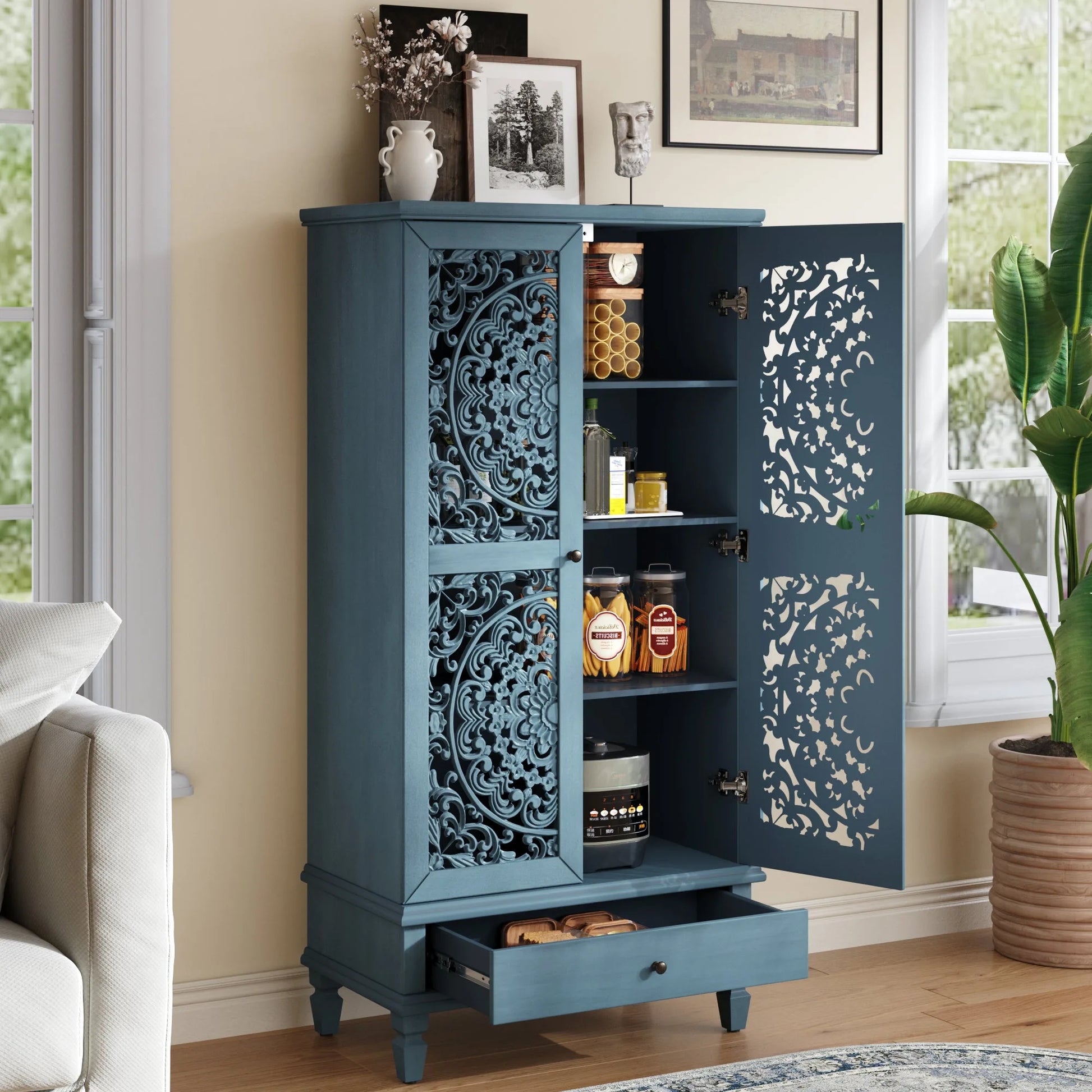 Rustic 55'' Tall Storage Cabinet with Drawer, Decorative 2-Door Carved Wood Accent Cabinet with Solid Wood Legs for Living Room, Hallway, Dining Room, Antique Green detail view 19