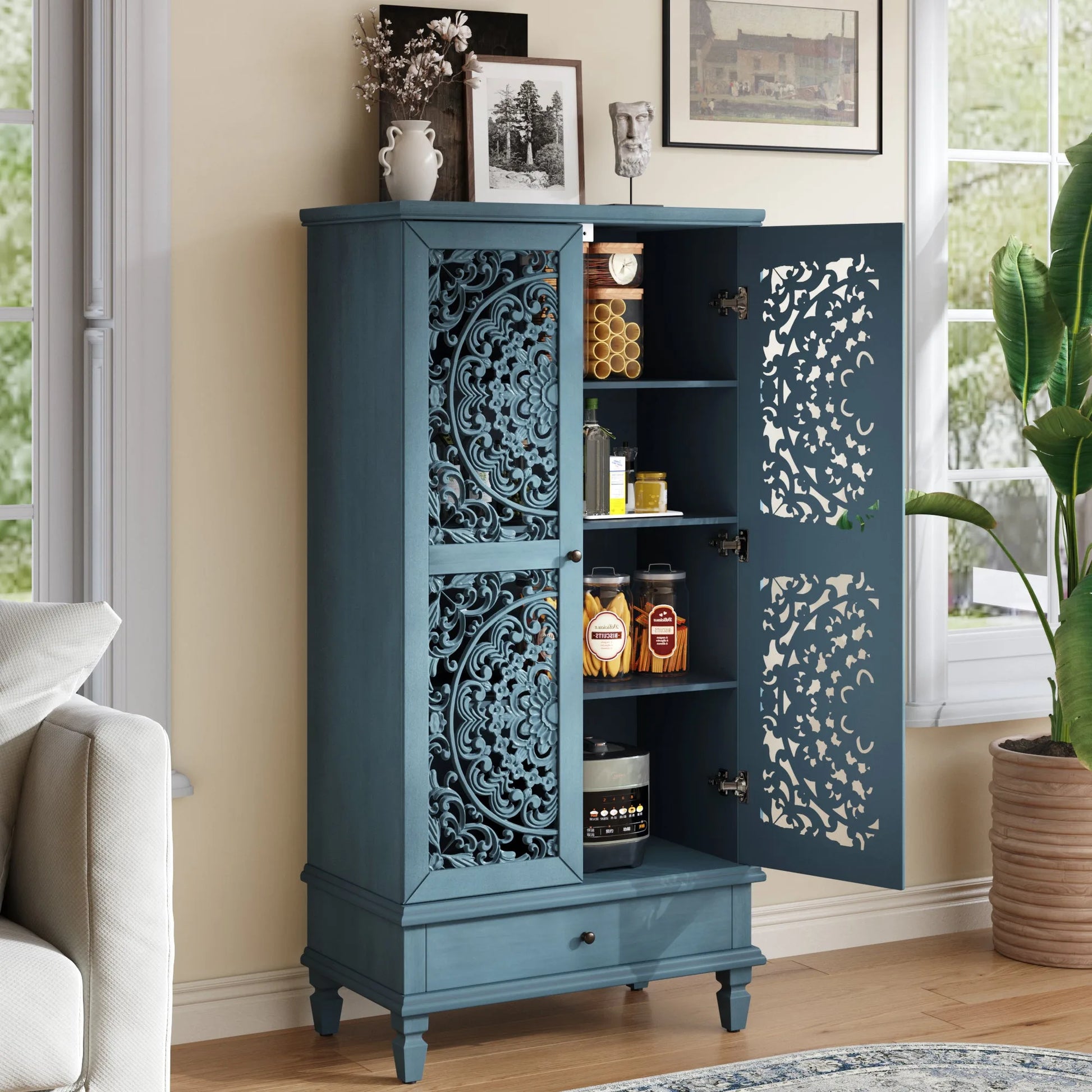 Rustic 55'' Tall Storage Cabinet with Drawer, Decorative 2-Door Carved Wood Accent Cabinet with Solid Wood Legs for Living Room, Hallway, Dining Room, Antique Green detail view 20