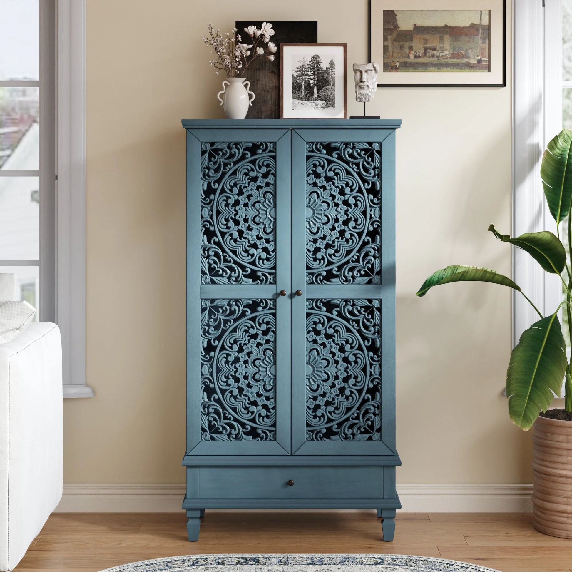 Rustic 55'' Tall Storage Cabinet with Drawer, Decorative 2-Door Carved Wood Accent Cabinet with Solid Wood Legs for Living Room, Hallway, Dining Room, Antique Green detail view 21
